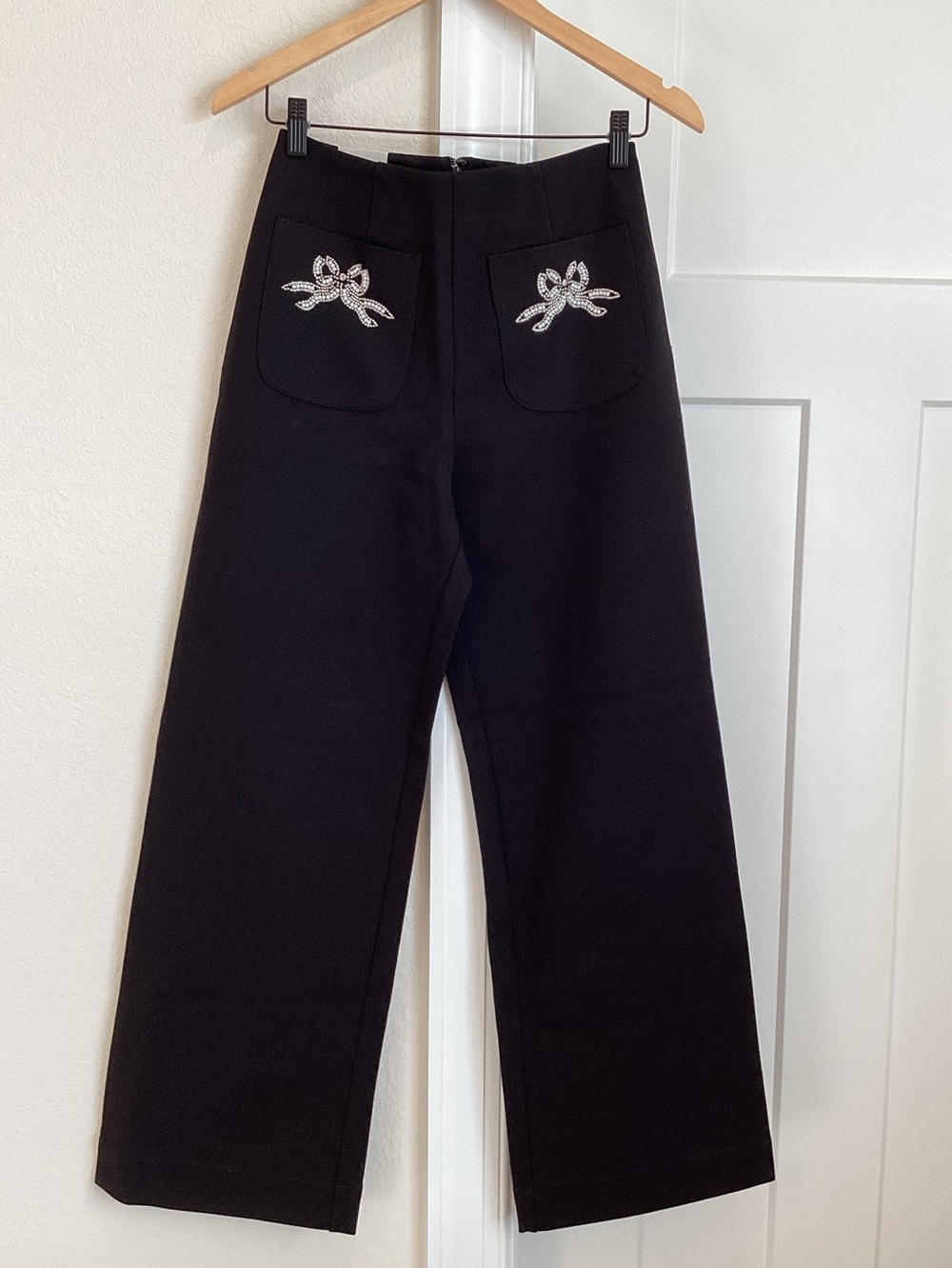Anthropologie Colette Pants Maeve Full Length Wide Leg Embroidered Bow New Black - Picture 4 of 14